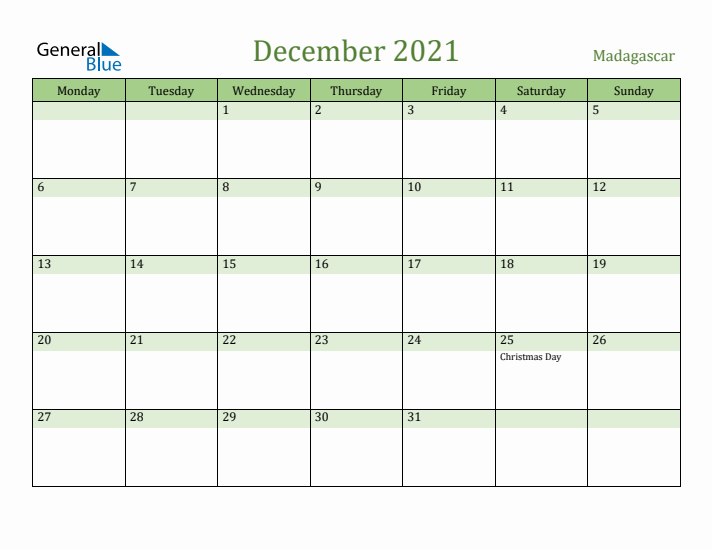 December 2021 Calendar with Madagascar Holidays