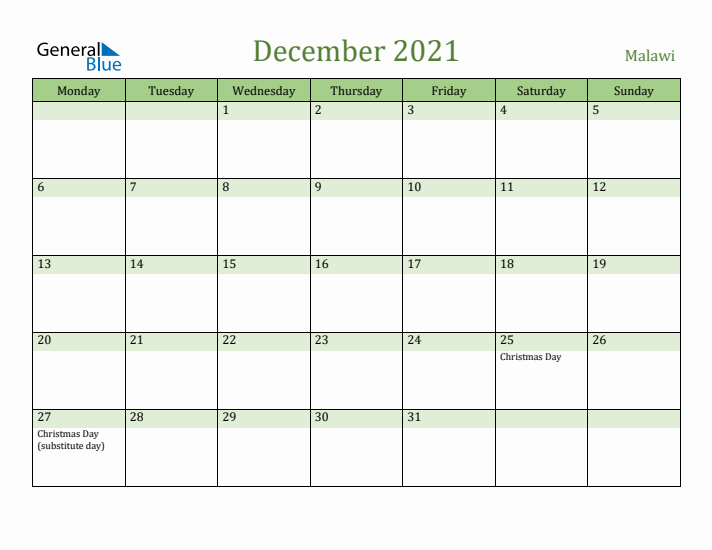 December 2021 Calendar with Malawi Holidays