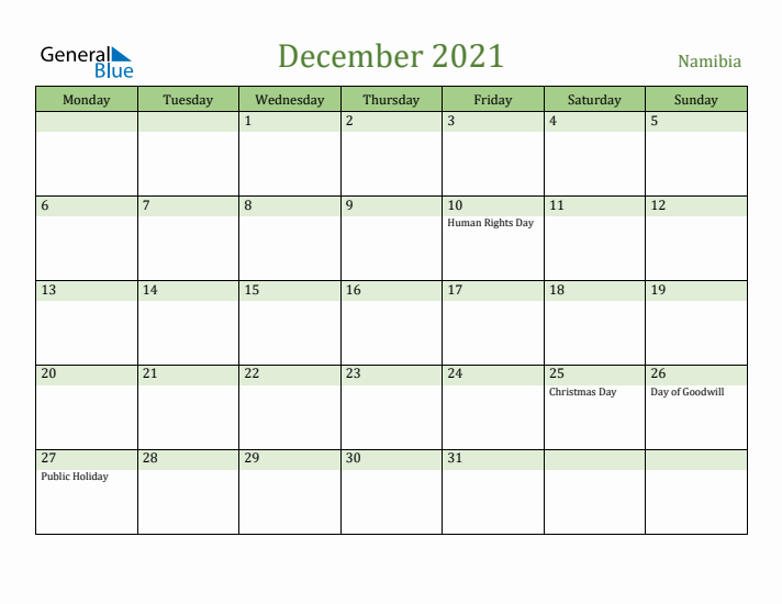 December 2021 Calendar with Namibia Holidays