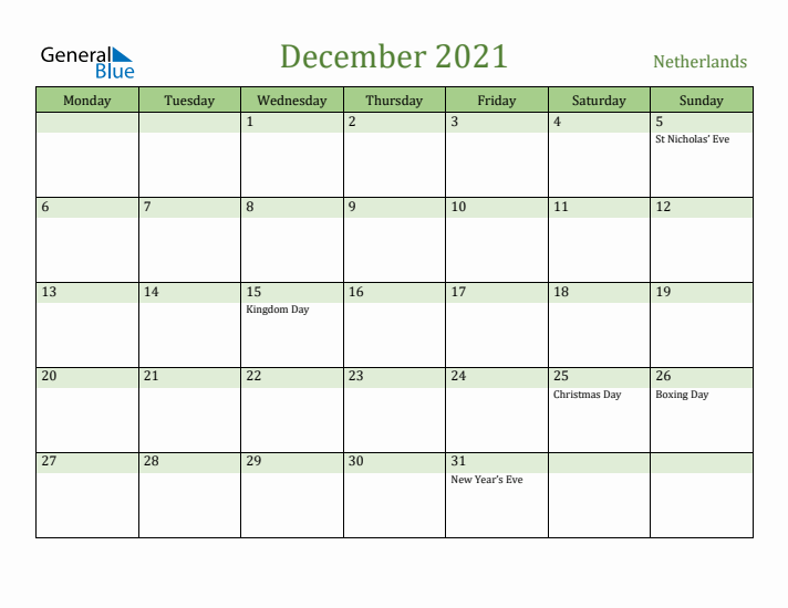 December 2021 Calendar with The Netherlands Holidays