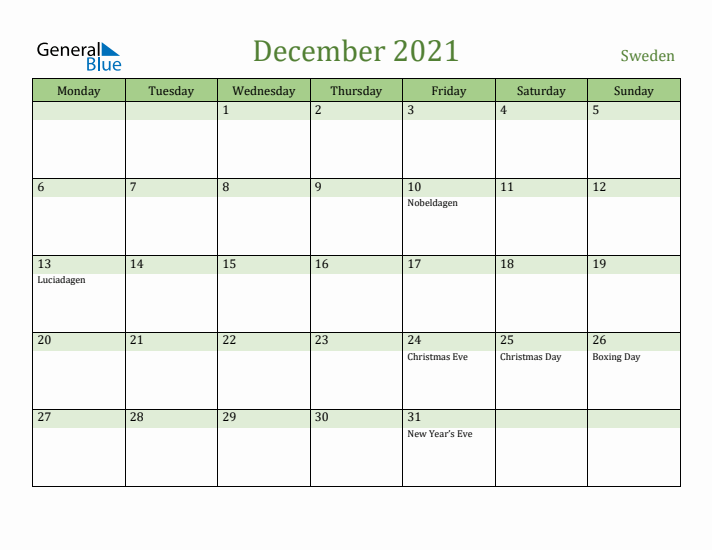 December 2021 Calendar with Sweden Holidays