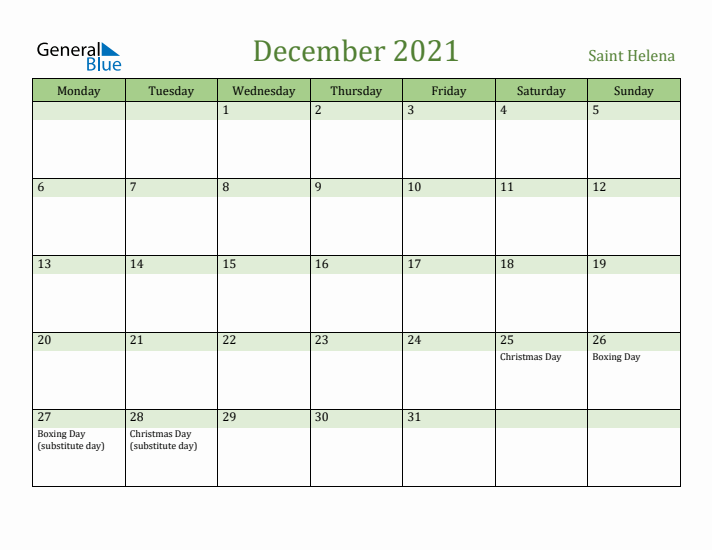 December 2021 Calendar with Saint Helena Holidays