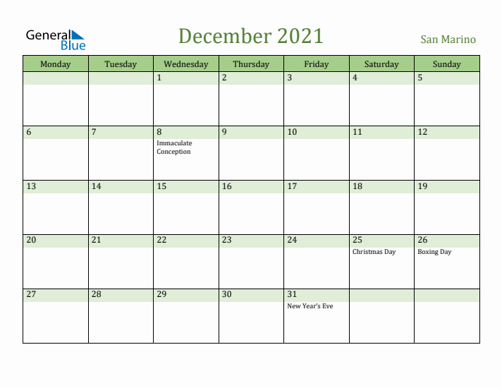 December 2021 Calendar with San Marino Holidays