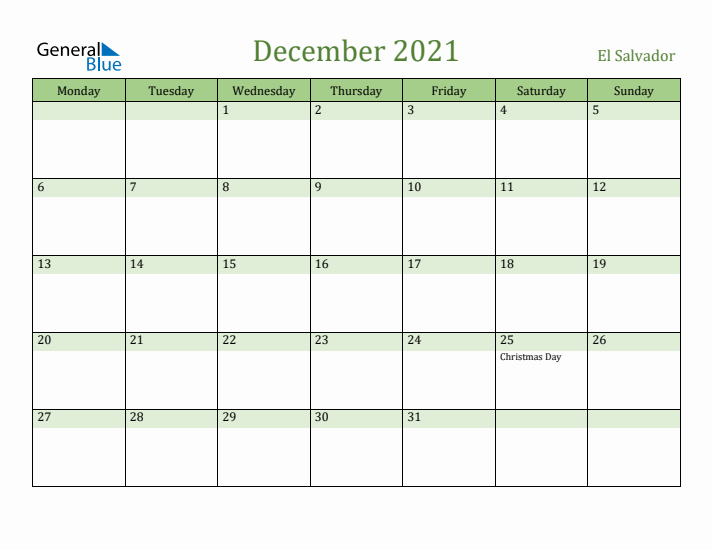 December 2021 Calendar with El Salvador Holidays