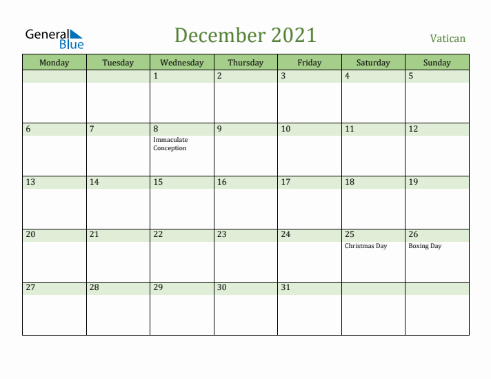 December 2021 Calendar with Vatican Holidays