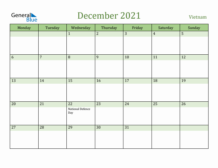 December 2021 Calendar with Vietnam Holidays