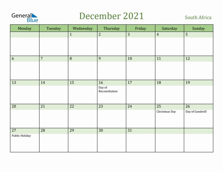 December 2021 Calendar with South Africa Holidays