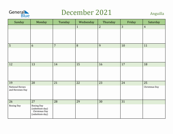 December 2021 Calendar with Anguilla Holidays