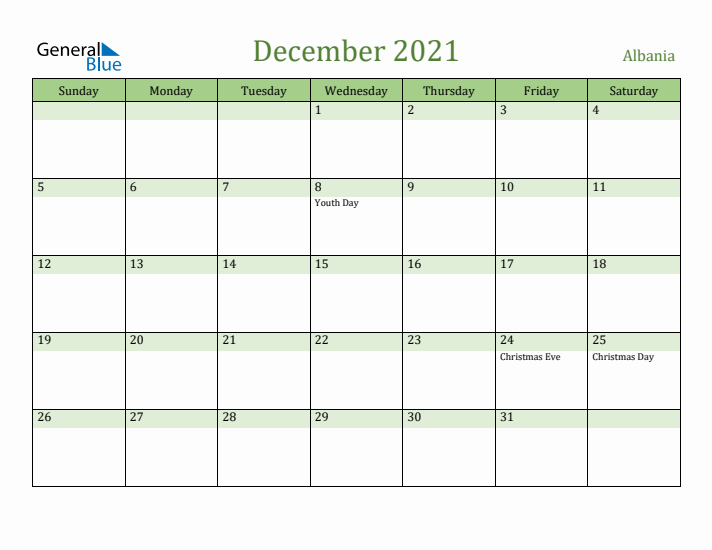 December 2021 Calendar with Albania Holidays