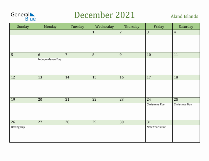 December 2021 Calendar with Aland Islands Holidays