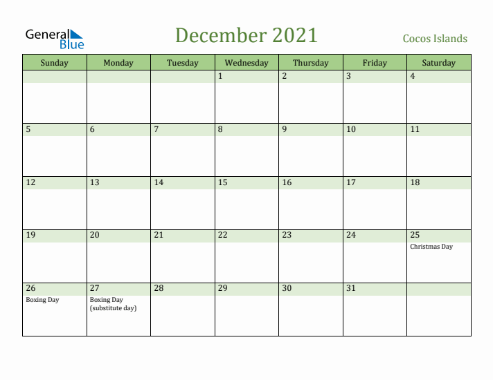 December 2021 Calendar with Cocos Islands Holidays