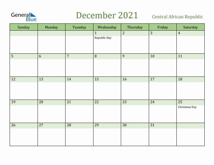 December 2021 Calendar with Central African Republic Holidays