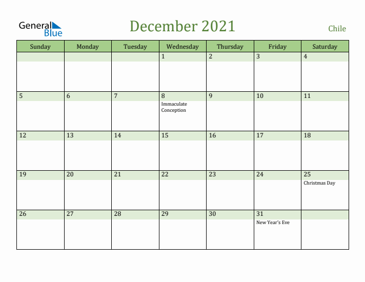 December 2021 Calendar with Chile Holidays