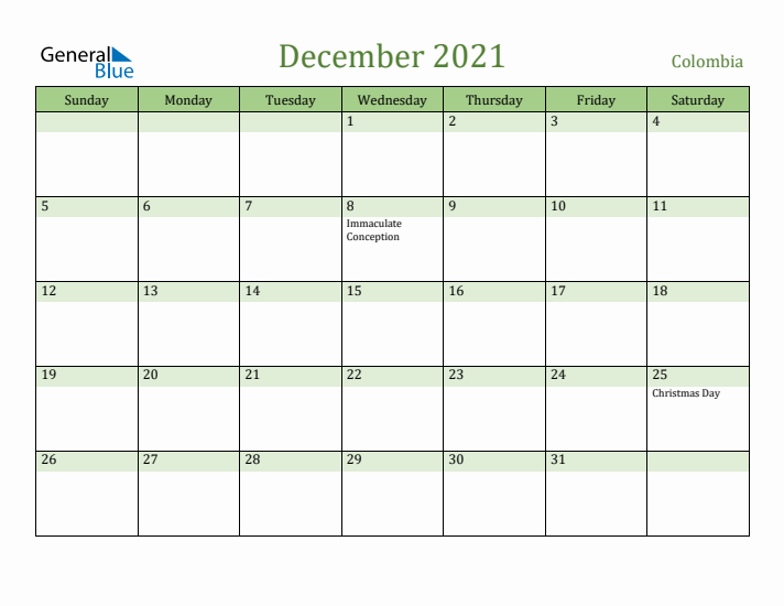 December 2021 Calendar with Colombia Holidays