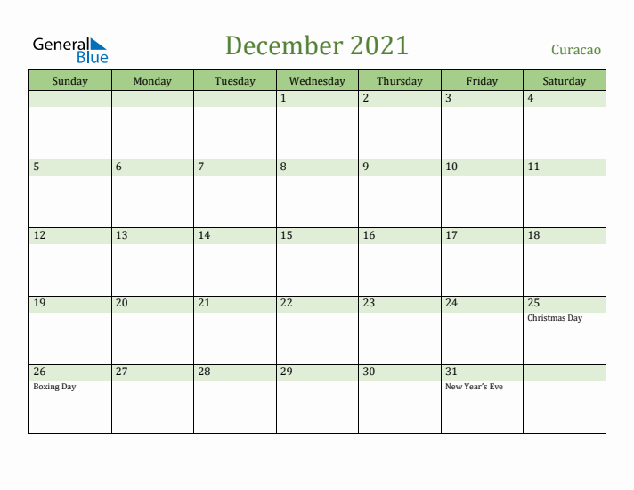 December 2021 Calendar with Curacao Holidays