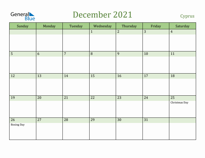 December 2021 Calendar with Cyprus Holidays