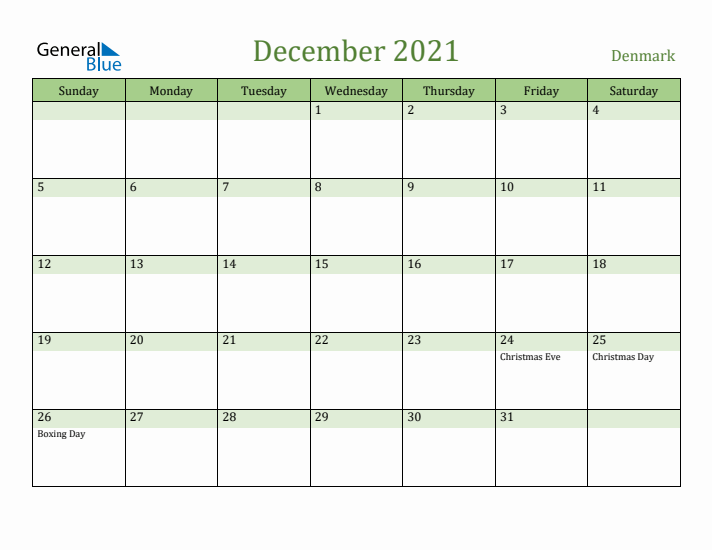 December 2021 Calendar with Denmark Holidays