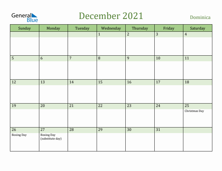 December 2021 Calendar with Dominica Holidays