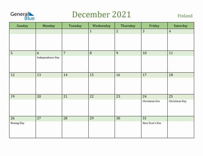 December 2021 Calendar with Finland Holidays