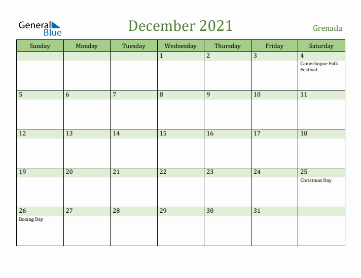 December 2021 Calendar with Grenada Holidays