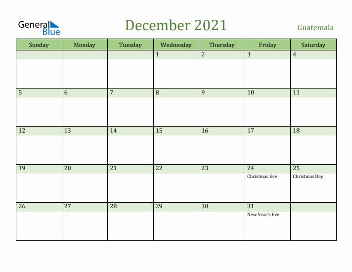 December 2021 Calendar with Guatemala Holidays