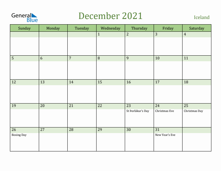 December 2021 Calendar with Iceland Holidays