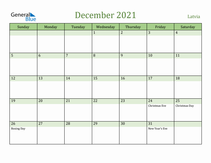 December 2021 Calendar with Latvia Holidays