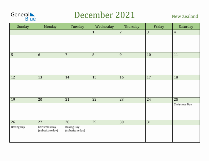 December 2021 Calendar with New Zealand Holidays