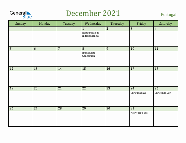 December 2021 Calendar with Portugal Holidays