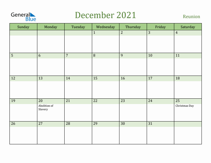 December 2021 Calendar with Reunion Holidays