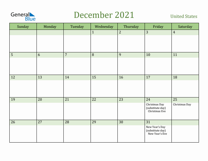 December 2021 Calendar with United States Holidays