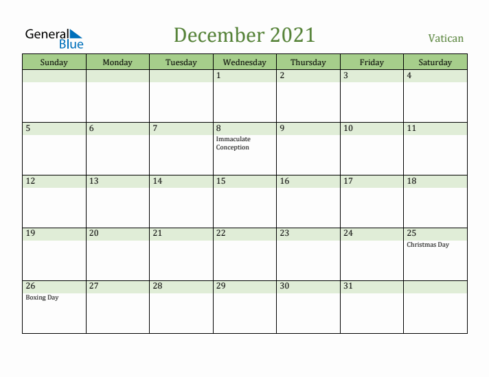 December 2021 Calendar with Vatican Holidays