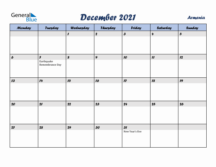 December 2021 Calendar with Holidays in Armenia