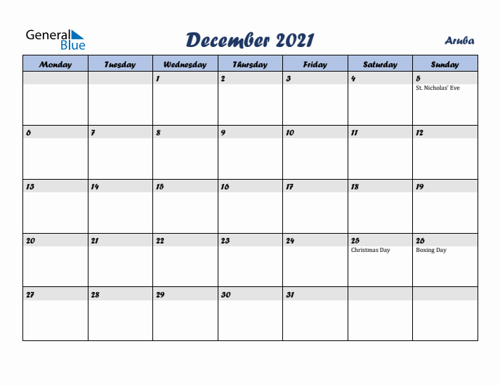 December 2021 Calendar with Holidays in Aruba