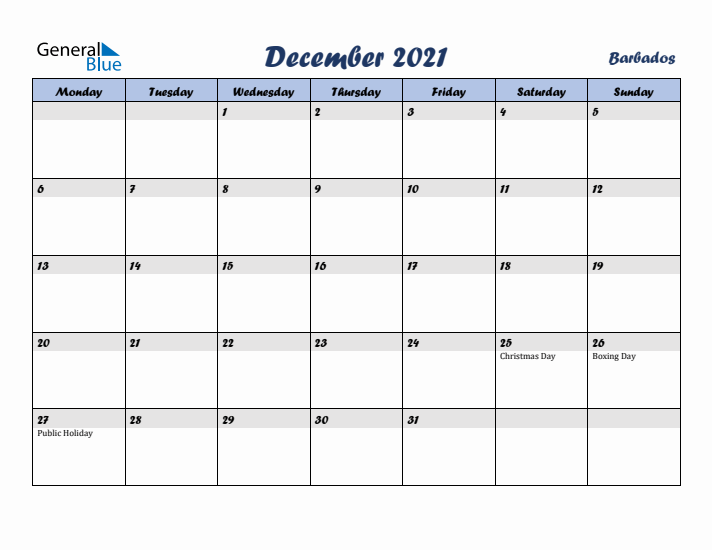 December 2021 Calendar with Holidays in Barbados