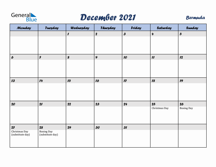 December 2021 Calendar with Holidays in Bermuda