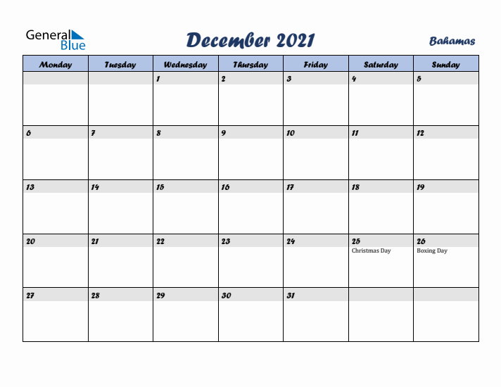 December 2021 Calendar with Holidays in Bahamas