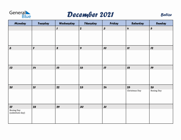 December 2021 Calendar with Holidays in Belize