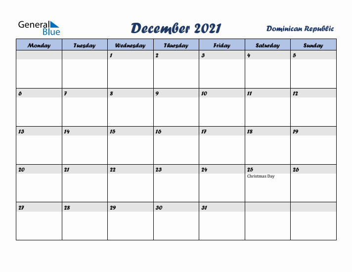 December 2021 Calendar with Holidays in Dominican Republic