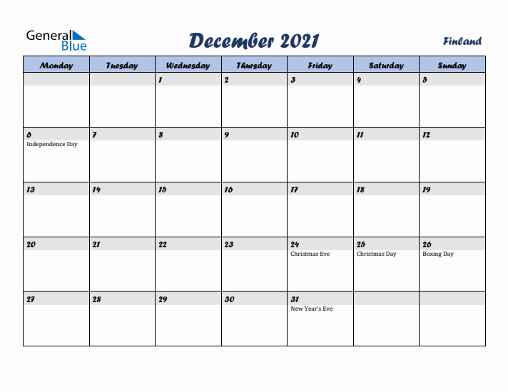 December 2021 Calendar with Holidays in Finland