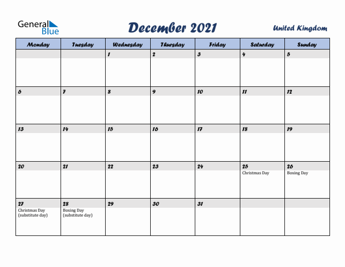 December 2021 Calendar with Holidays in United Kingdom