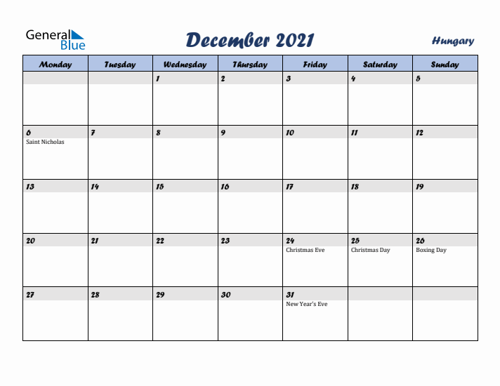 December 2021 Calendar with Holidays in Hungary