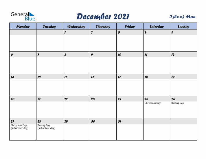 December 2021 Calendar with Holidays in Isle of Man