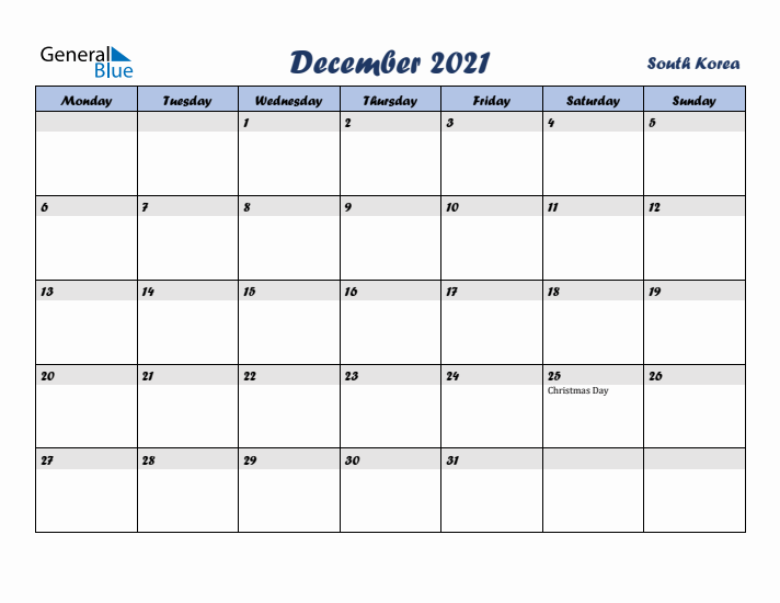 December 2021 Calendar with Holidays in South Korea