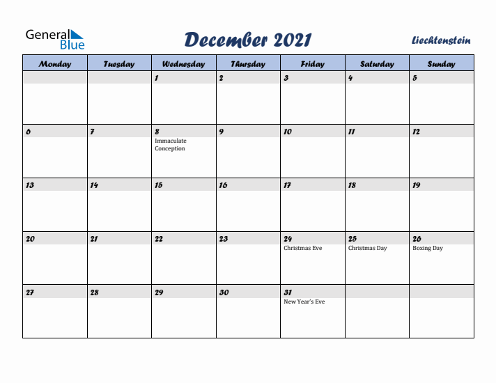 December 2021 Calendar with Holidays in Liechtenstein