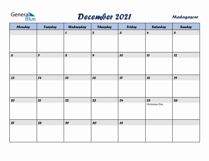 December 2021 Calendar with Holidays in Madagascar