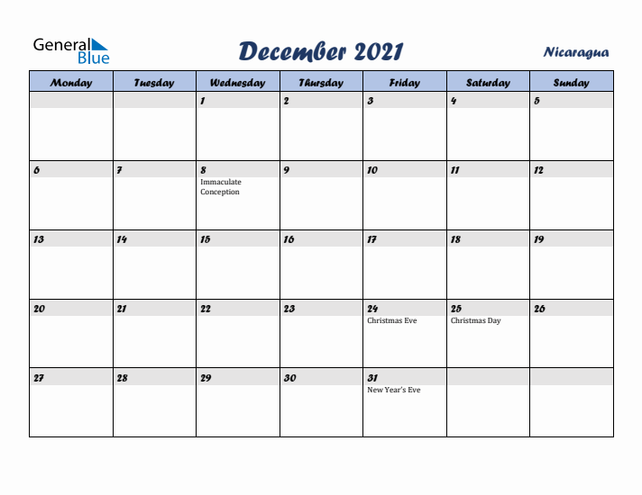 December 2021 Calendar with Holidays in Nicaragua