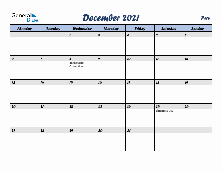 December 2021 Calendar with Holidays in Peru