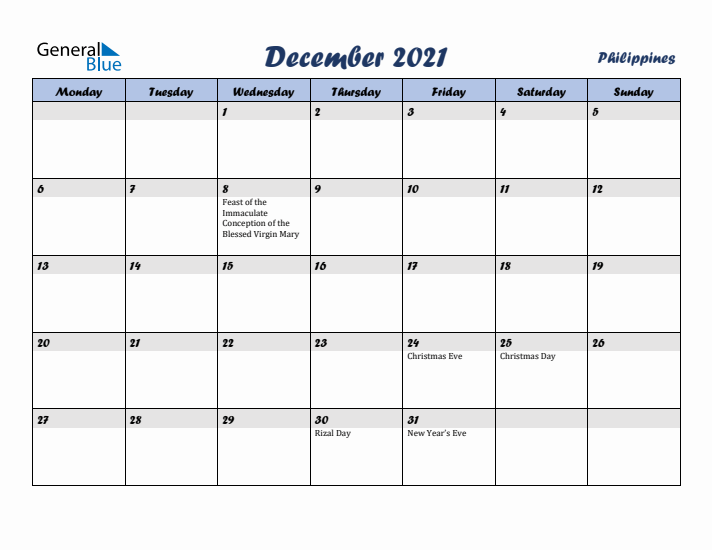 December 2021 Calendar with Holidays in Philippines