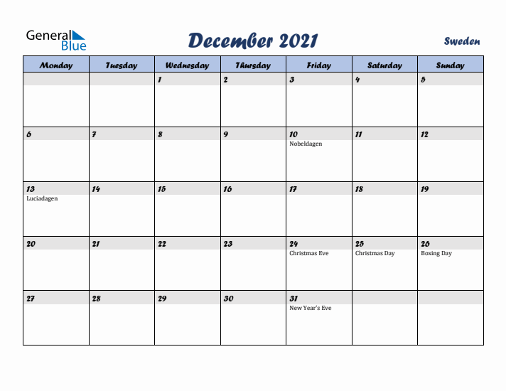 December 2021 Calendar with Holidays in Sweden